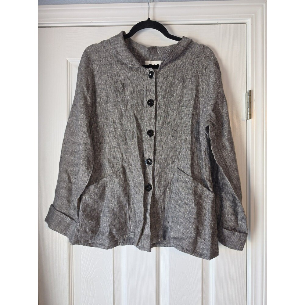FLAX 100% Linen Button Up Tunic Jacket Womens S Gray Pockets Relaxed Lagenlook